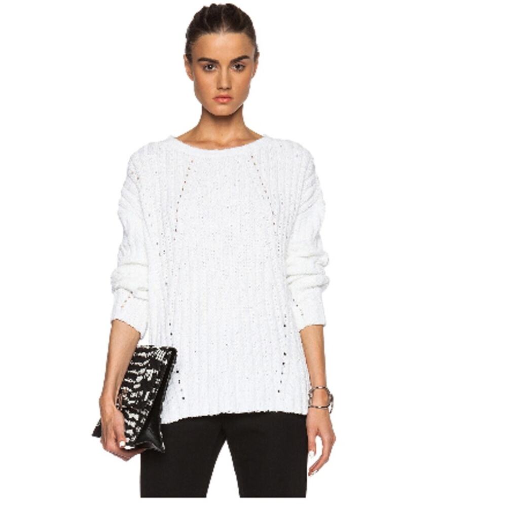 Nili Lotan Multi Direction Rib Sweater High Low Knit Cotton White Sz M Oversized